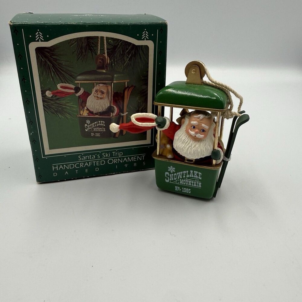 Vintage 1985 Hallmark Ornament Santa’s Ski Trip Snowflake Mountain Gondola IOB